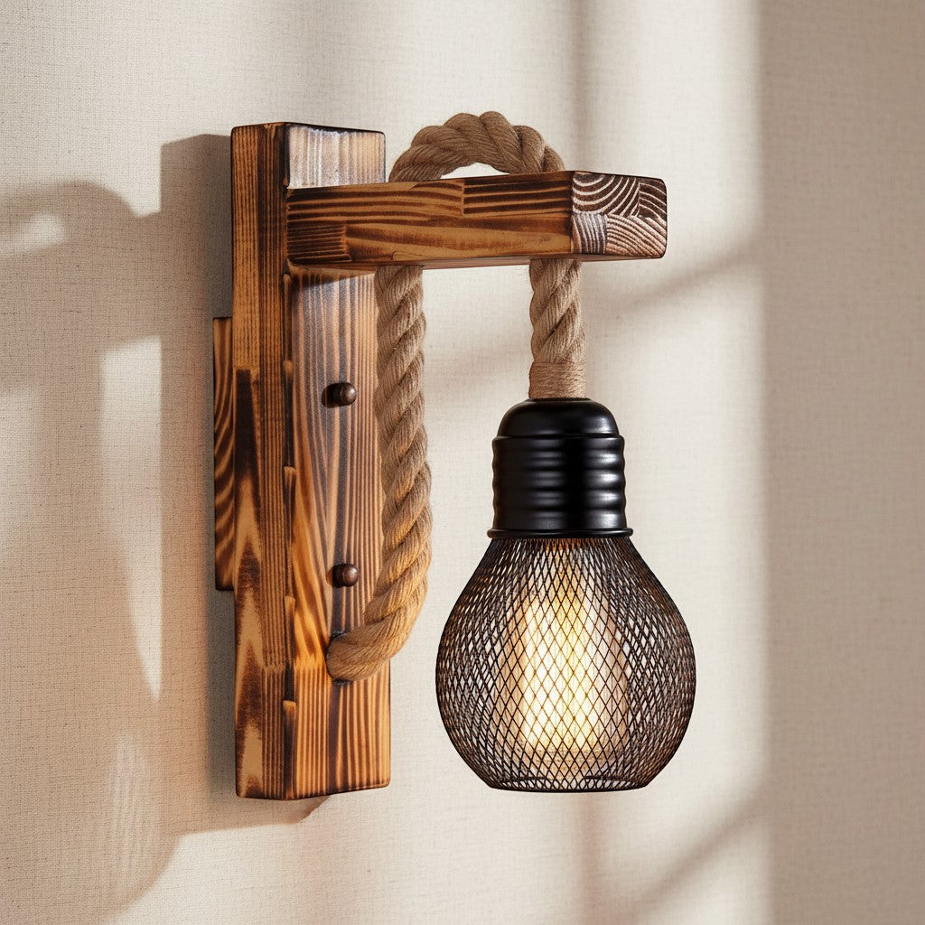 Rope & Wood Wall Sconce | Hardwired Industrial Light