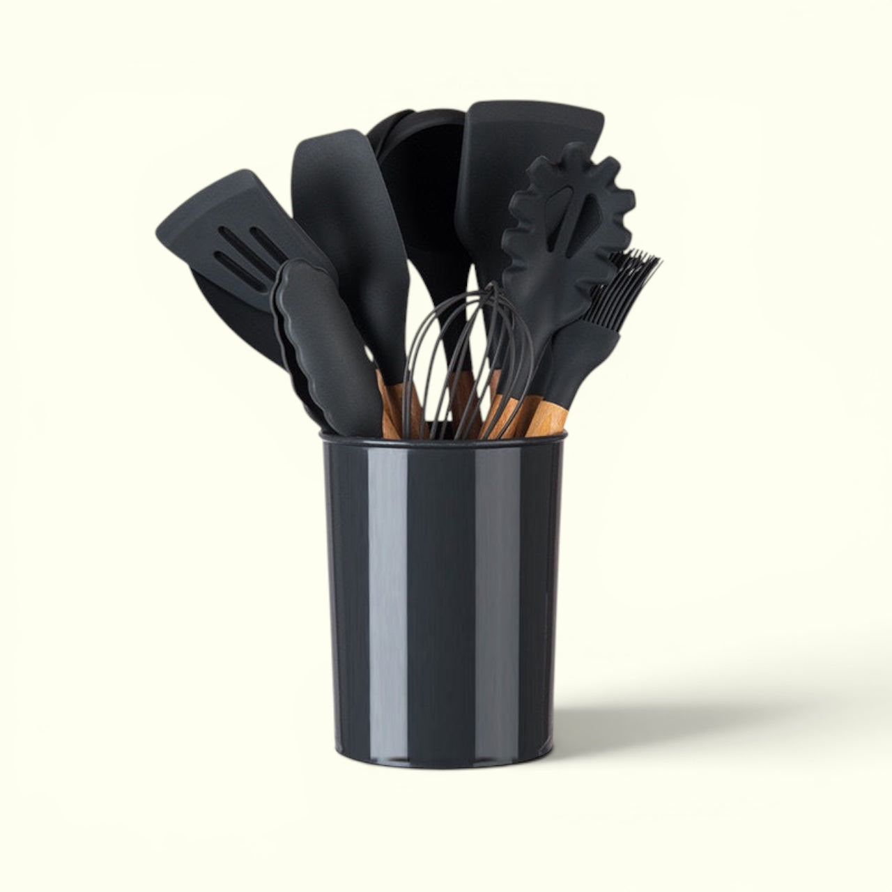 Silicone Kitchen Utensil Set With Natural Wooden Handles.