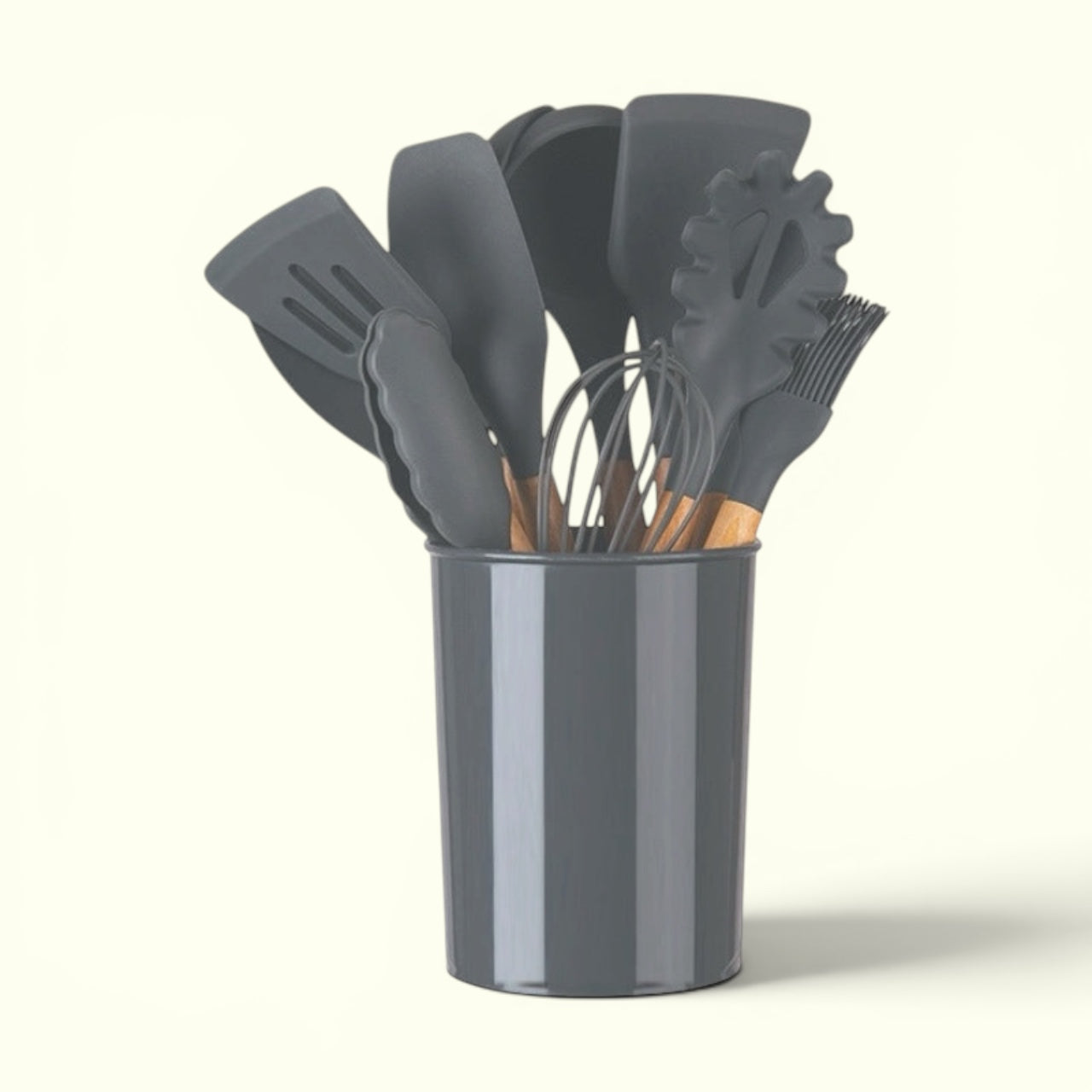 Silicone Kitchen Utensil Set With Natural Wooden Handles.