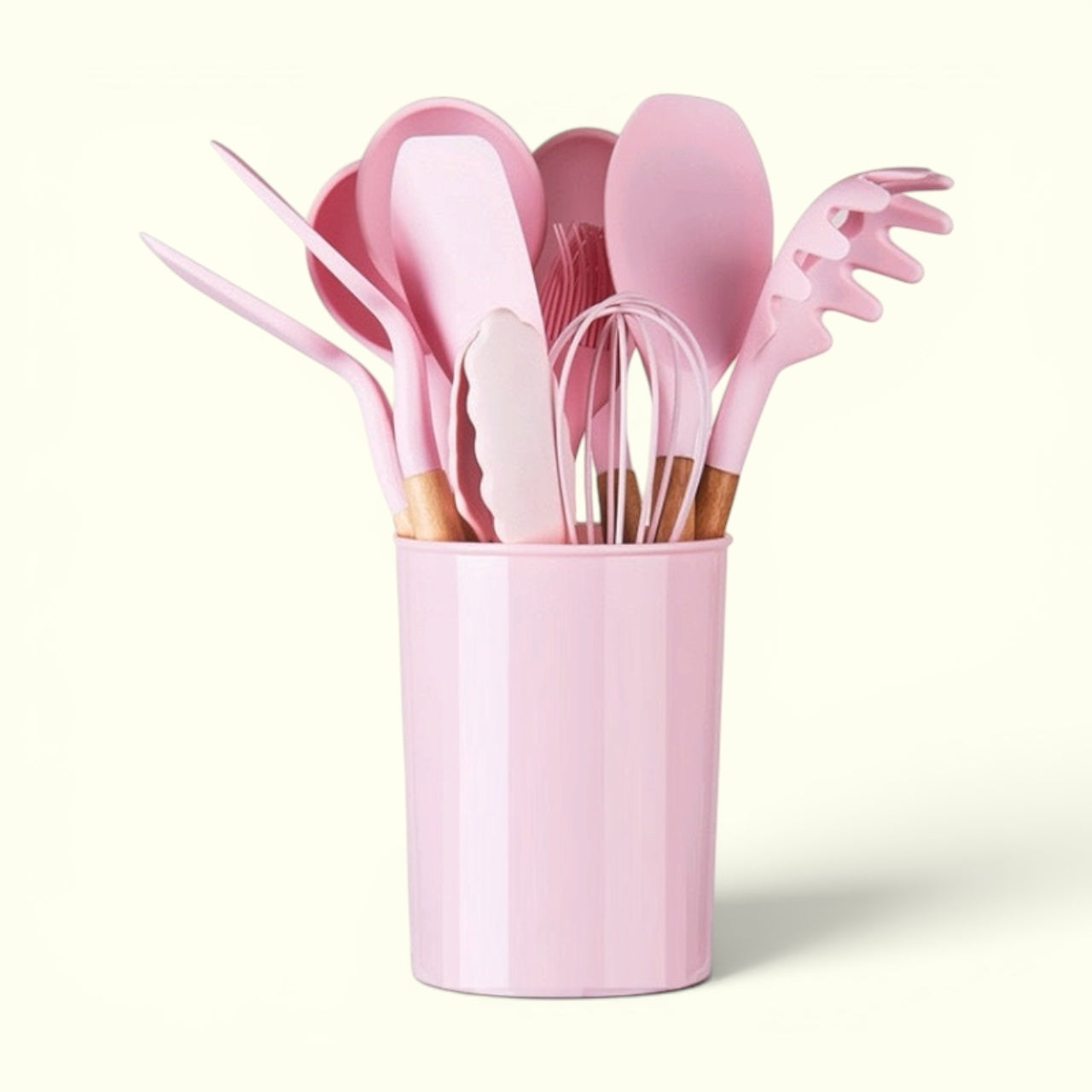 Silicone Kitchen Utensil Set With Natural Wooden Handles.