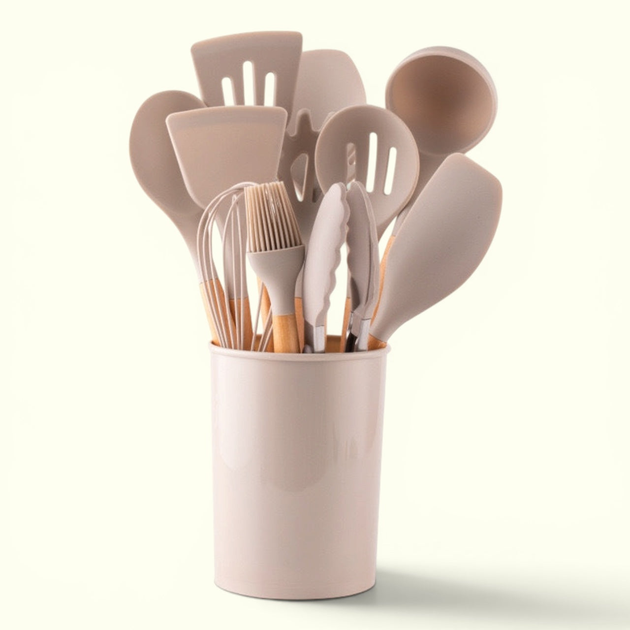 Silicone Kitchen Utensil Set With Natural Wooden Handles.