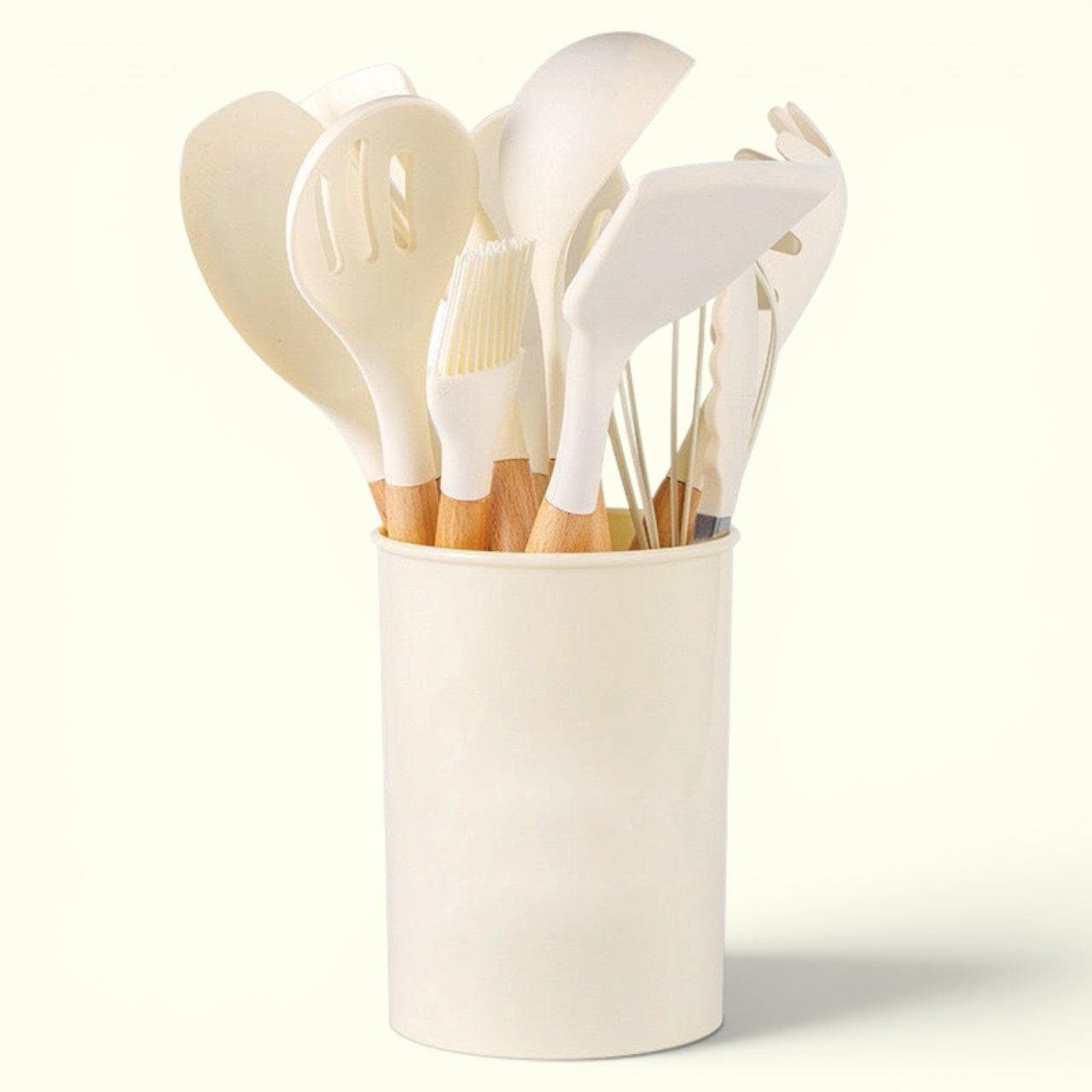 Silicone Kitchen Utensil Set With Natural Wooden Handles.