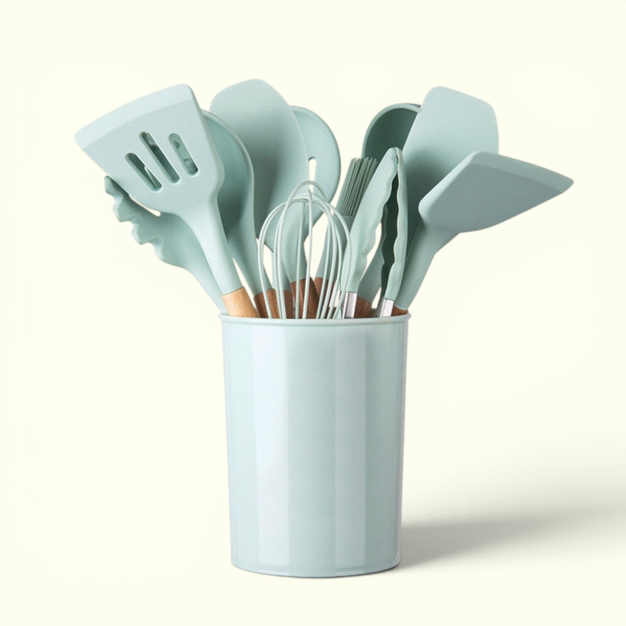 Silicone Kitchen Utensil Set With Natural Wooden Handles.