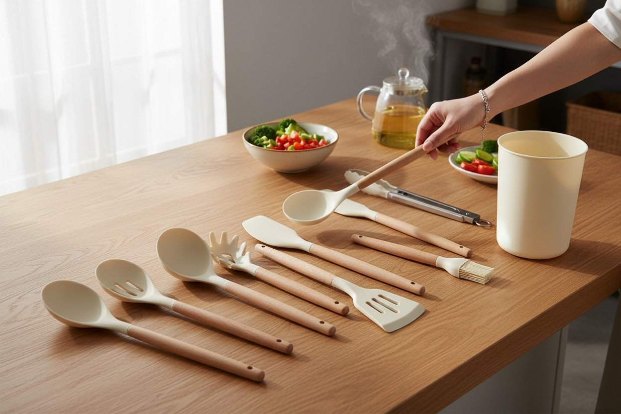 Silicone Kitchen Utensil Set With Natural Wooden Handles.