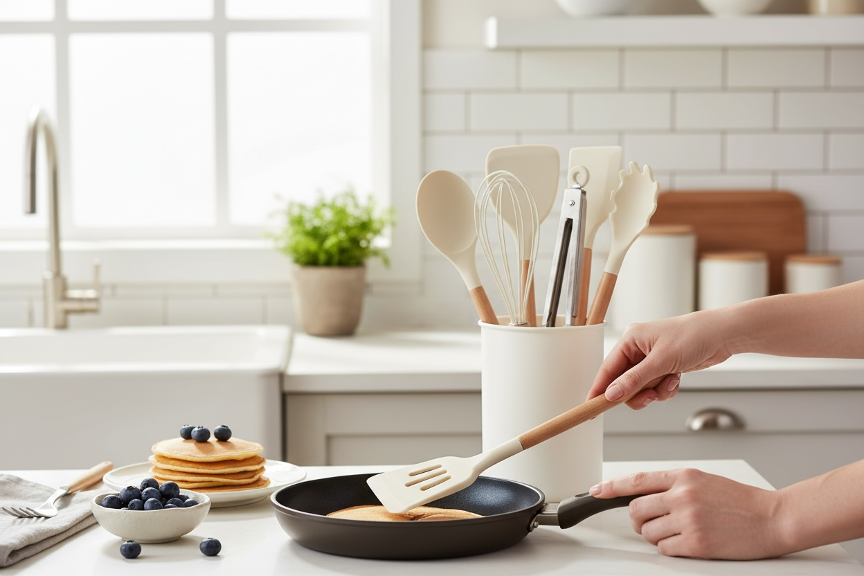 Silicone Kitchen Utensil Set With Natural Wooden Handles.