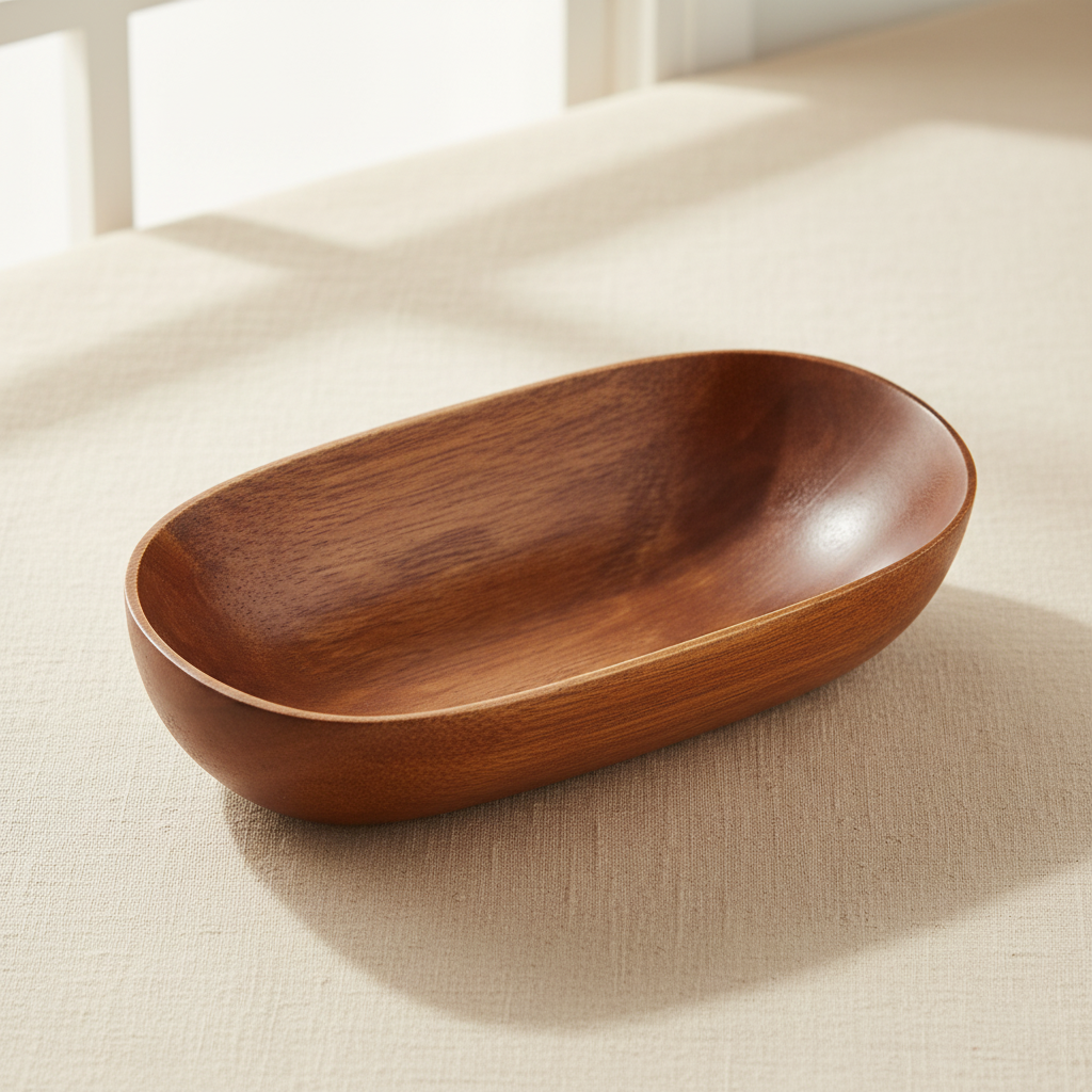 woodnestcraft canoe-shaped bowl carved from solid acacia wood with a natural grain pattern on a linen surface