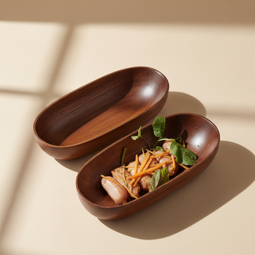 woodnestcraft canoe-shaped acacia wood bowls holding snacks on a beige surface with soft natural lighting