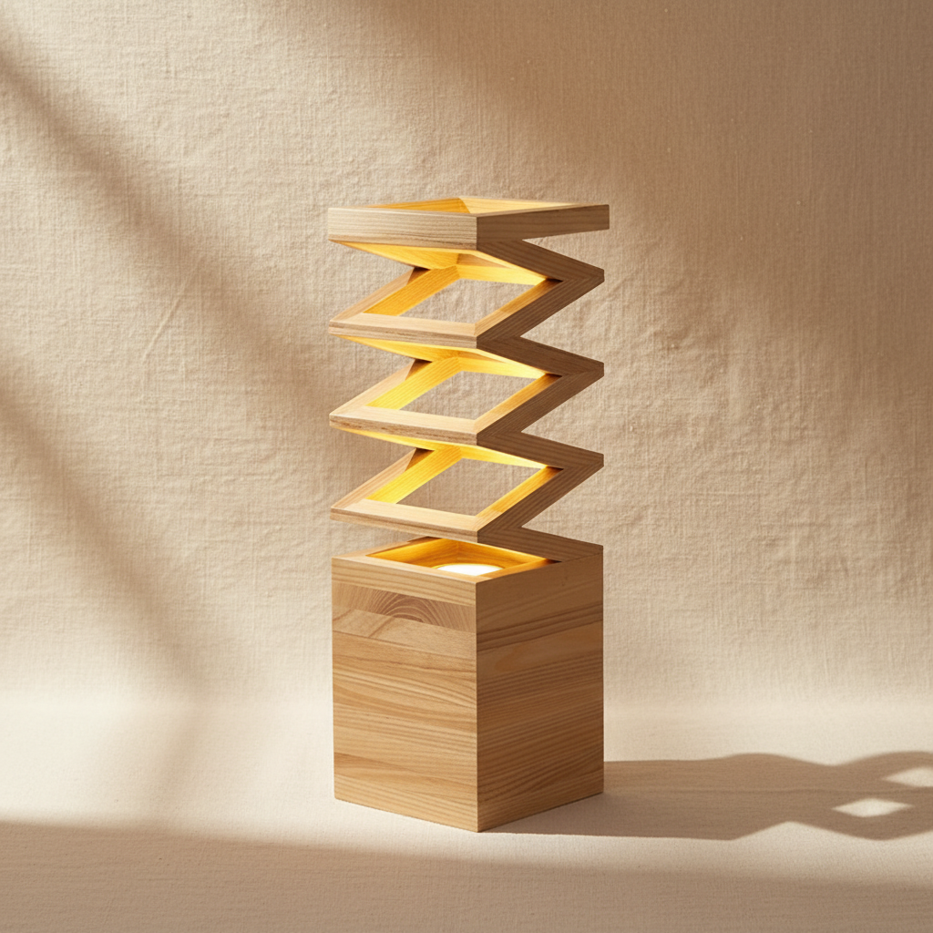 woodnestcraft The Fold Lamp featuring a sculptural solid wood accordion design with warm glowing interior light