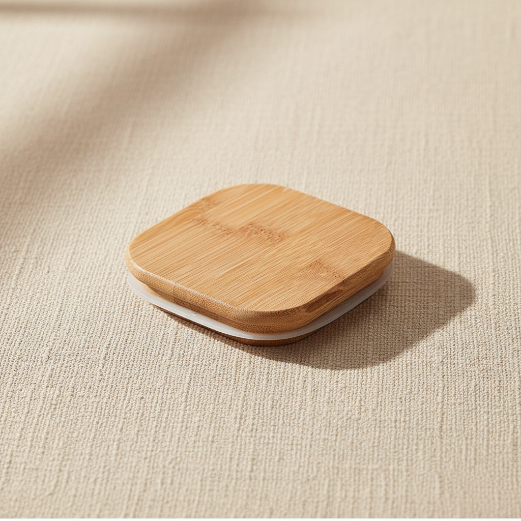 woodnestcraft square bamboo storage jar lid with silicone seal on a textured beige surface