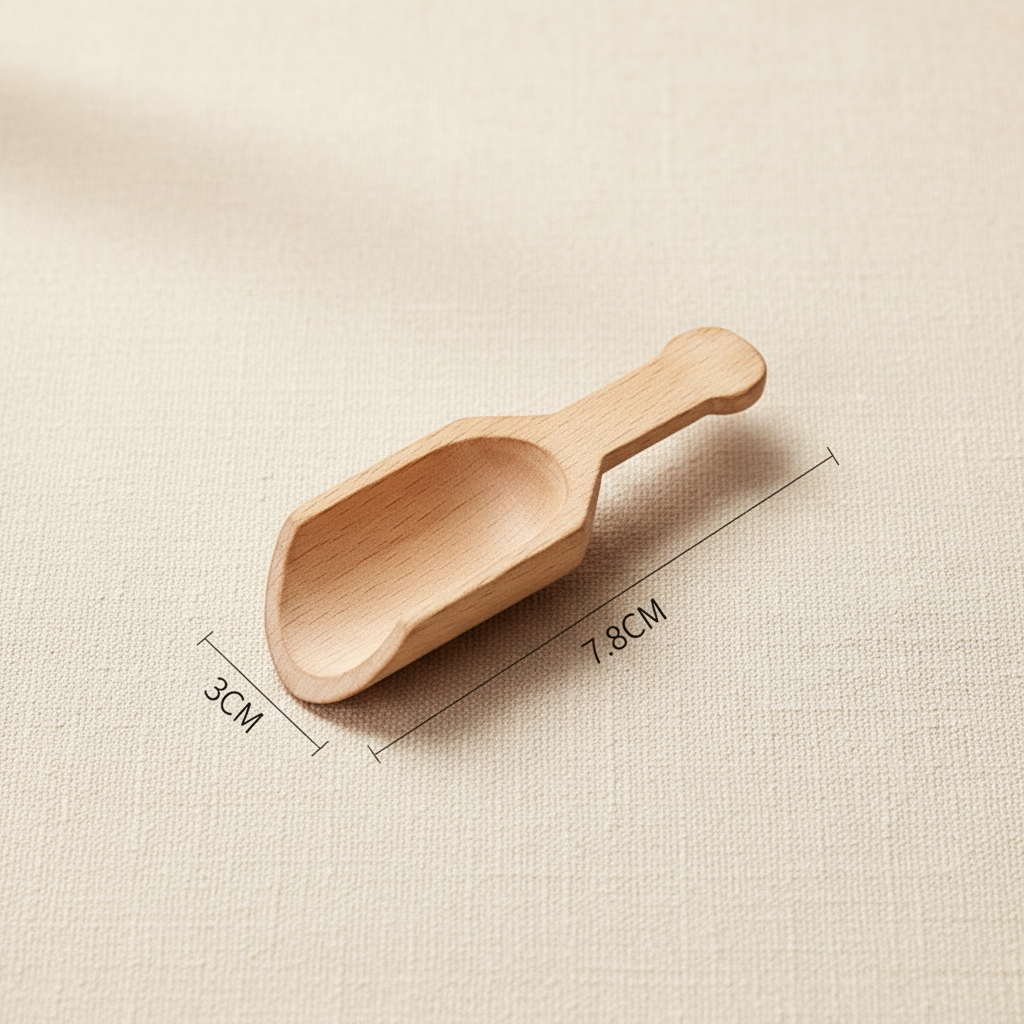 woodnestcraft solid beech wood scoop for tea and spices with natural grain finish and 7.8 cm length measurement