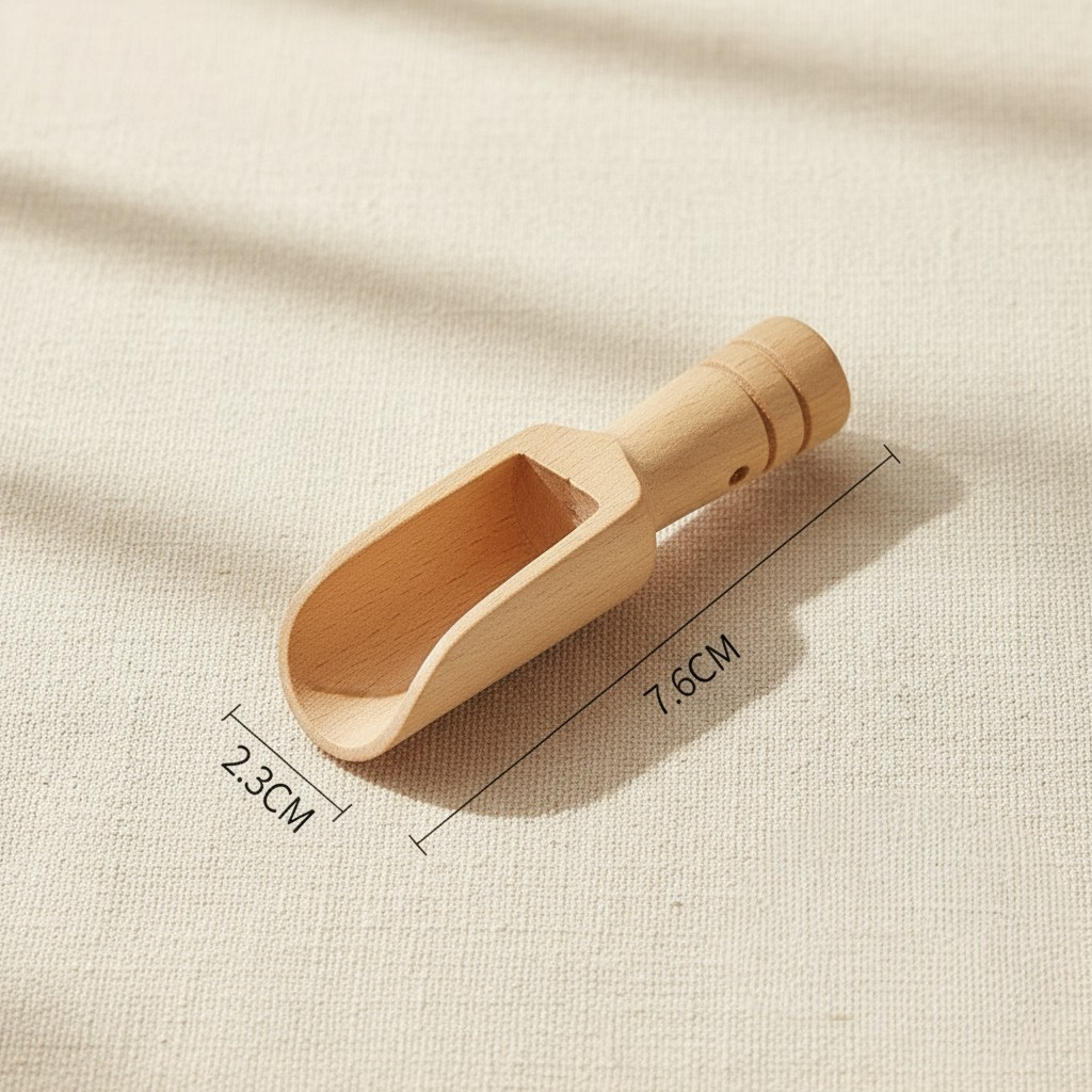 woodnestcraft small untreated beech wood scoop for tea, salt, or spices on a textured beige surface