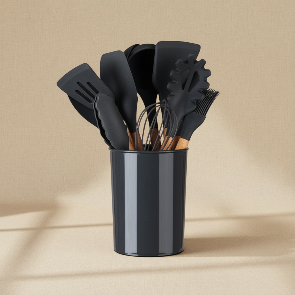 woodnestcraft 12-piece black silicone kitchen utensil set with natural wooden handles in a matching storage container