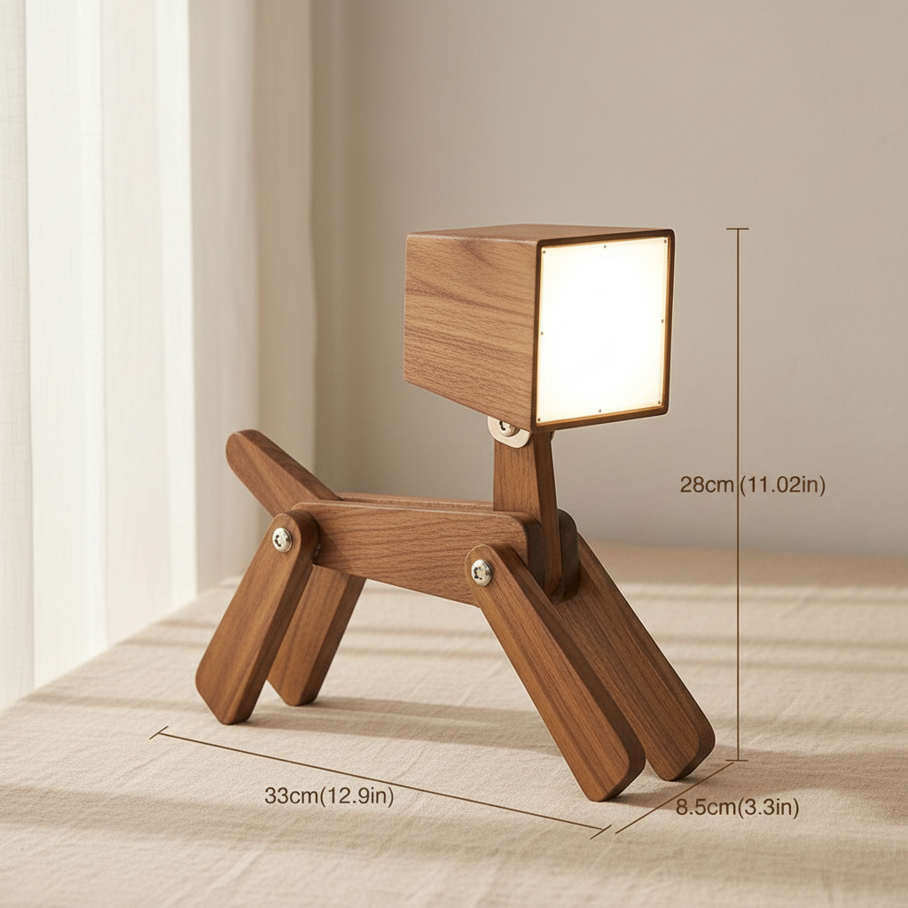 woodnestcraft brown solid ash wood dog-shaped desk lamp with adjustable joints and touch-controlled LED light