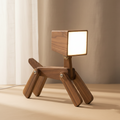 woodnestcraft brown solid ash wood dog-shaped desk lamp with adjustable joints and touch-controlled LED light