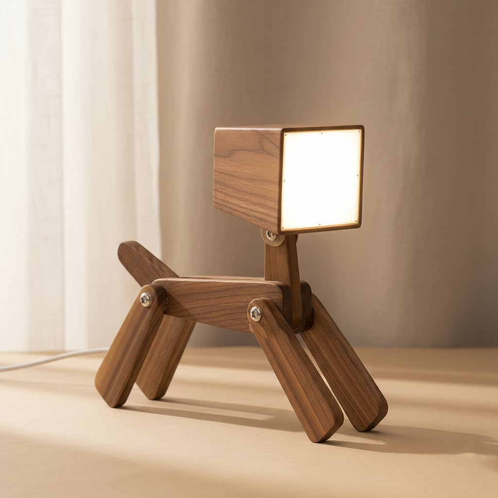 woodnestcraft brown solid ash wood dog-shaped desk lamp with adjustable joints and touch-controlled LED light