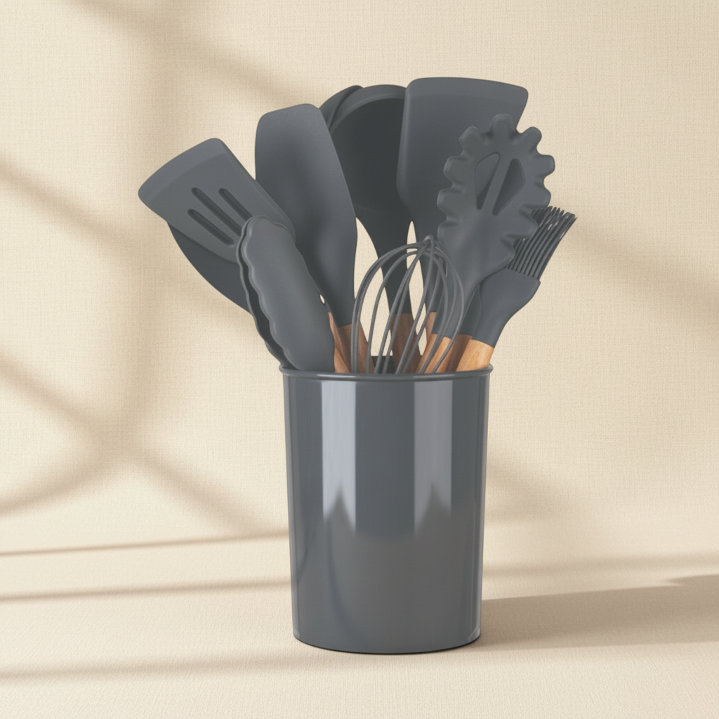 woodnestcraft 12-piece dark gray silicone kitchen utensil set with natural wooden handles in a matching storage holder