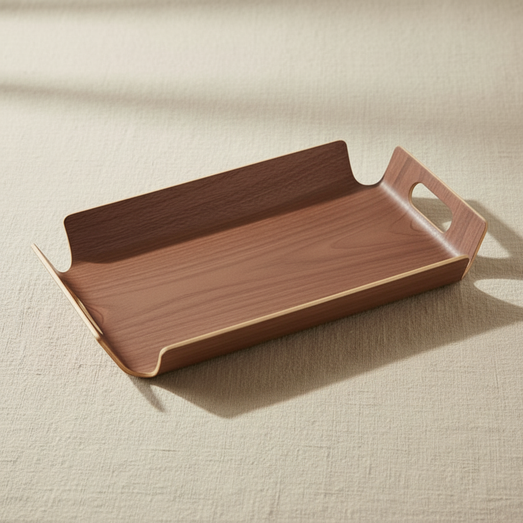woodnestcraft dark walnut solid wood serving tray with cut-out handles on a neutral textured surface