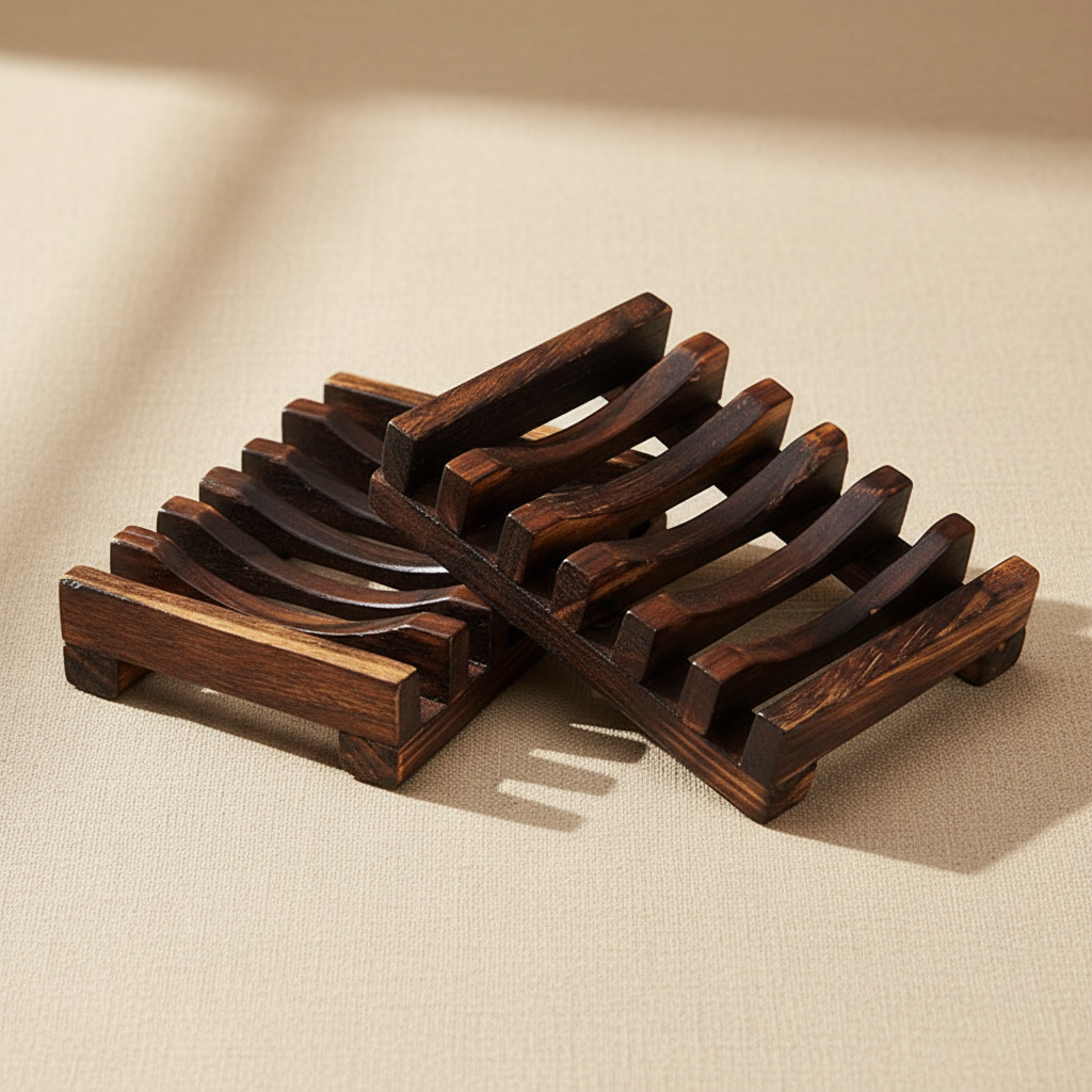 Two woodnestcraft dark wooden slatted soap dishes for bathroom or kitchen sink drainage