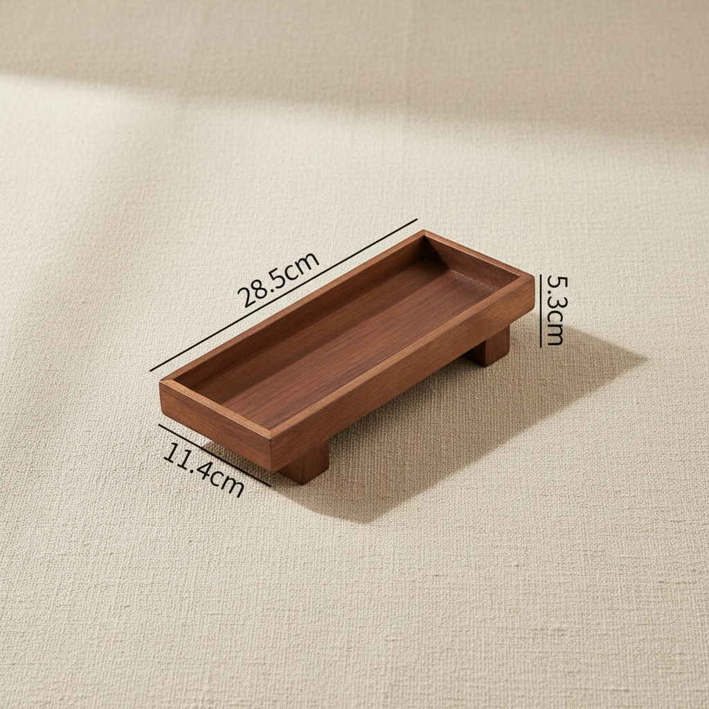 woodnestcraft Japanese style rectangular solid wood footed tray with dimensions shown on a neutral textured surface