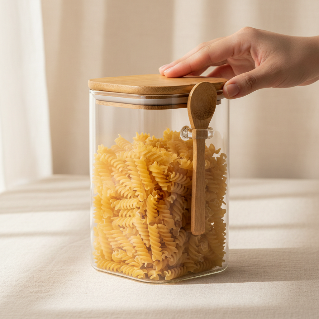 woodnestcraft glass kitchen canister with bamboo lid and wooden scoop filled with fusilli pasta on a table