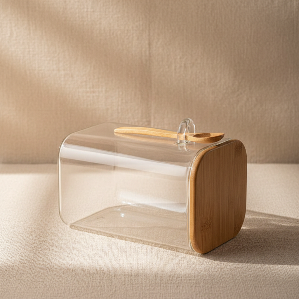 woodnestcraft glass storage jar with bamboo lid and wooden scoop for kitchen organization