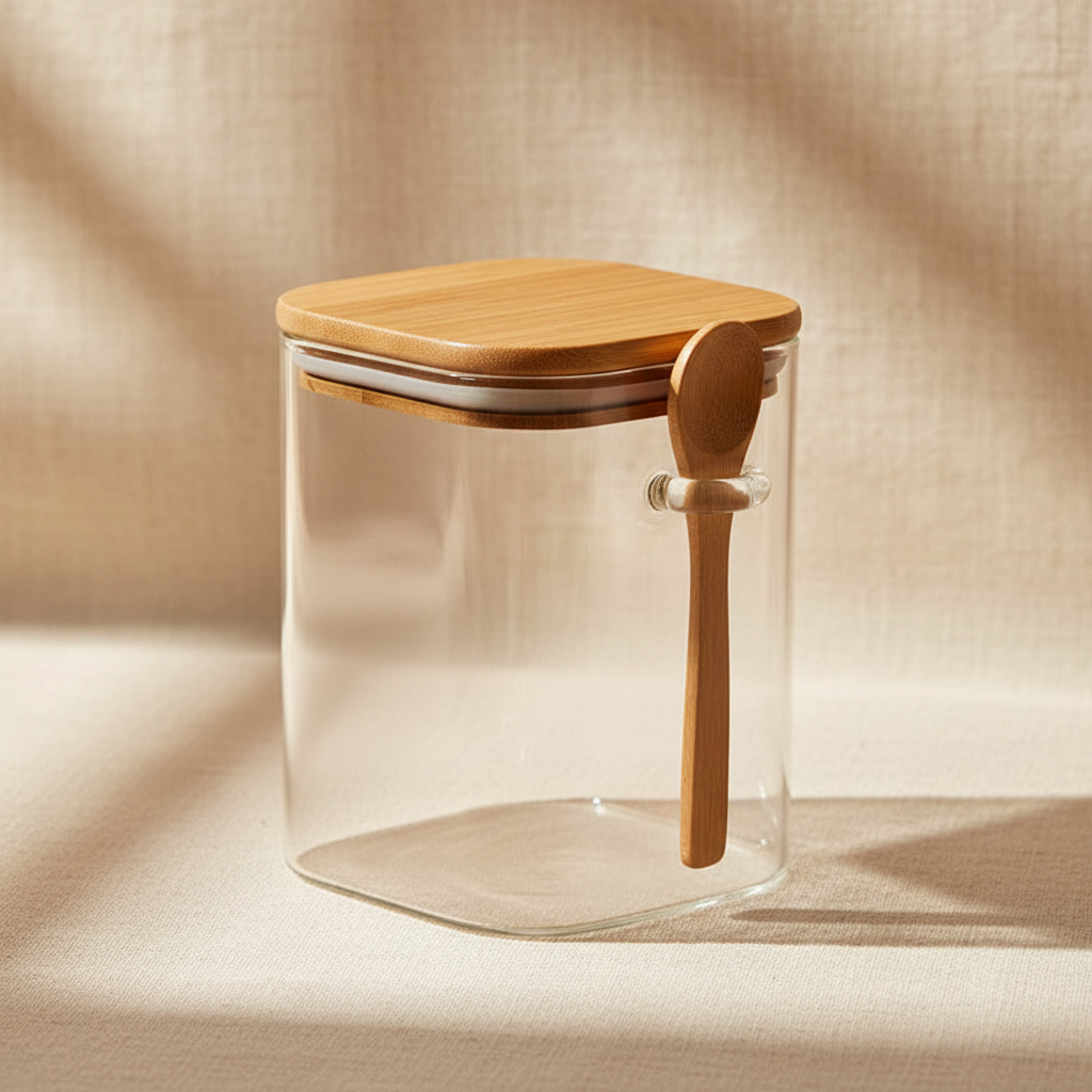 woodnestcraft glass storage jar with bamboo lid and wooden scoop on a neutral fabric background
