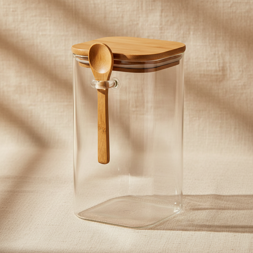 woodnestcraft glass storage jar with bamboo lid and wooden scoop on a neutral linen background