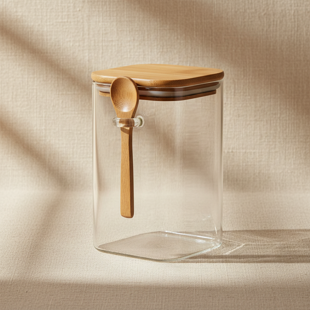 woodnestcraft glass storage jar with bamboo lid and wooden scoop on a beige textured background