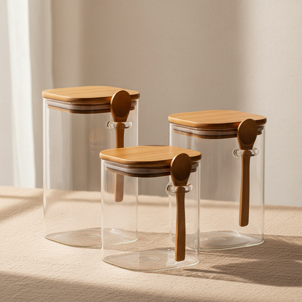 woodnestcraft set of three clear borosilicate glass storage jars with bamboo lids and attached wooden scoops