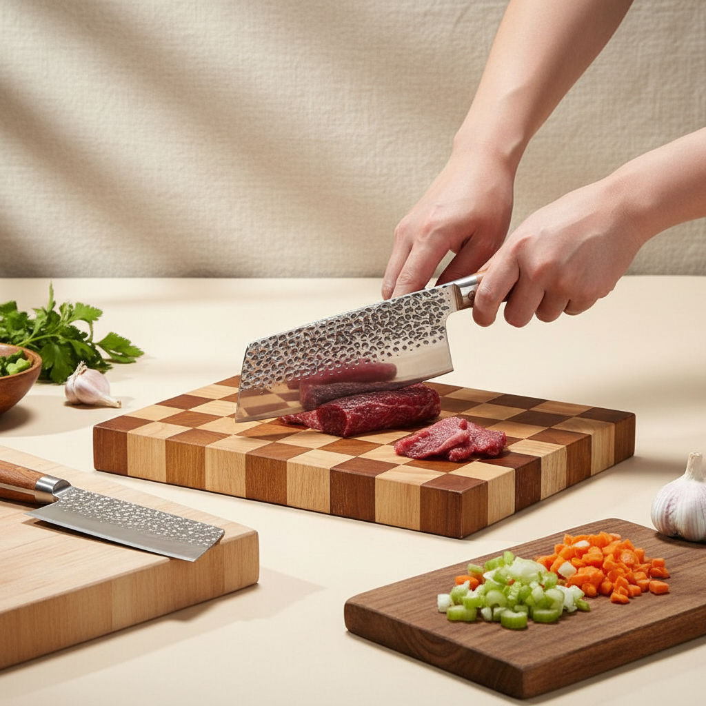 woodnestcraft hand-forged Nakiri knife with hammered steel blade and ebony handle slicing meat on a wooden board