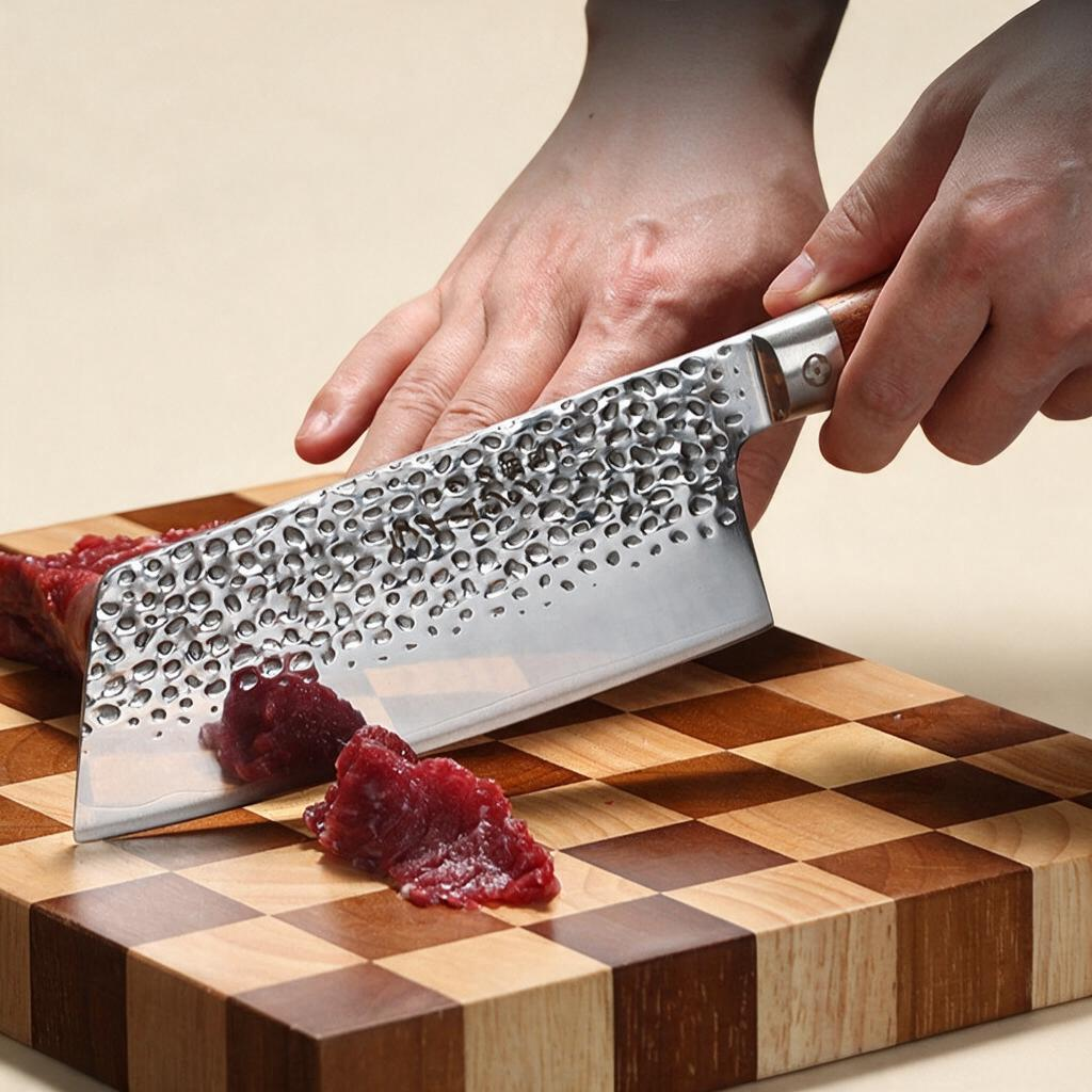 woodnestcraft hand-forged Nakiri knife with hammered steel blade and ebony wood handle slicing meat on a board
