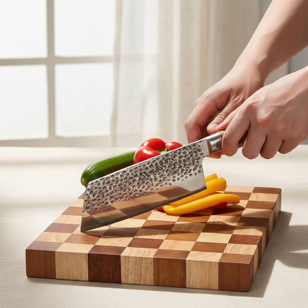 woodnestcraft hand-forged Nakiri knife with a hammered steel blade and ebony wood handle slicing vegetables
