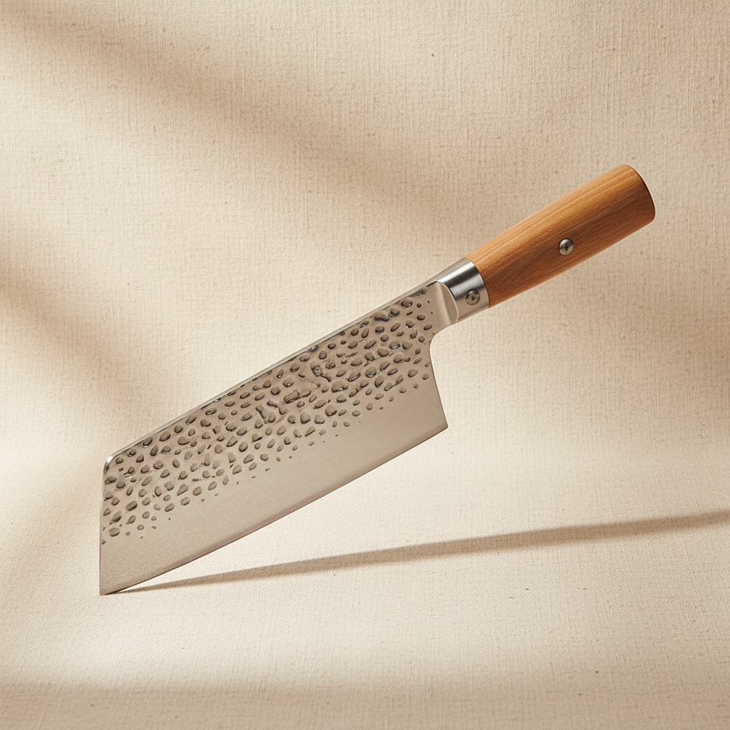 woodnestcraft hand-forged Nakiri knife with a hammered steel blade and a light wood handle on a textured background