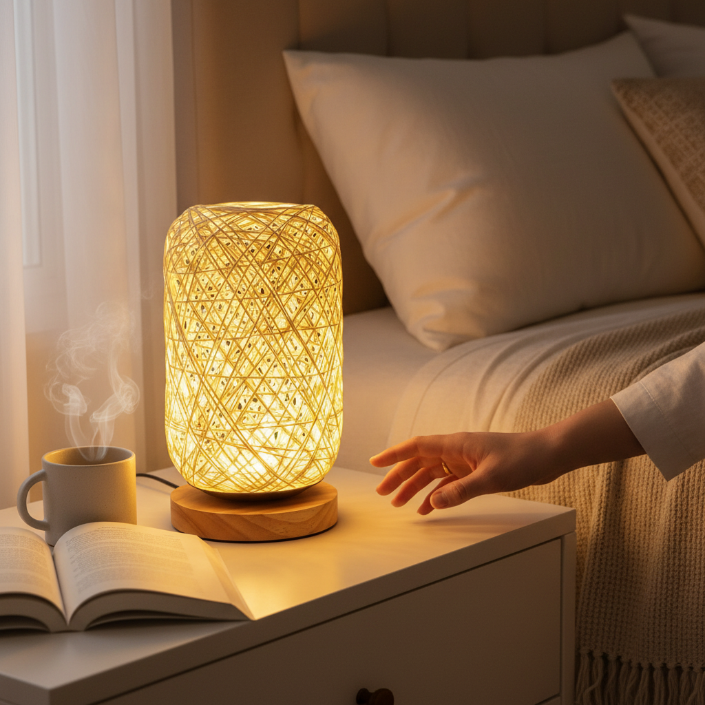 woodnestcraft handwoven rattan table lamp with wood base glowing on a bedside table next to a book and coffee mug