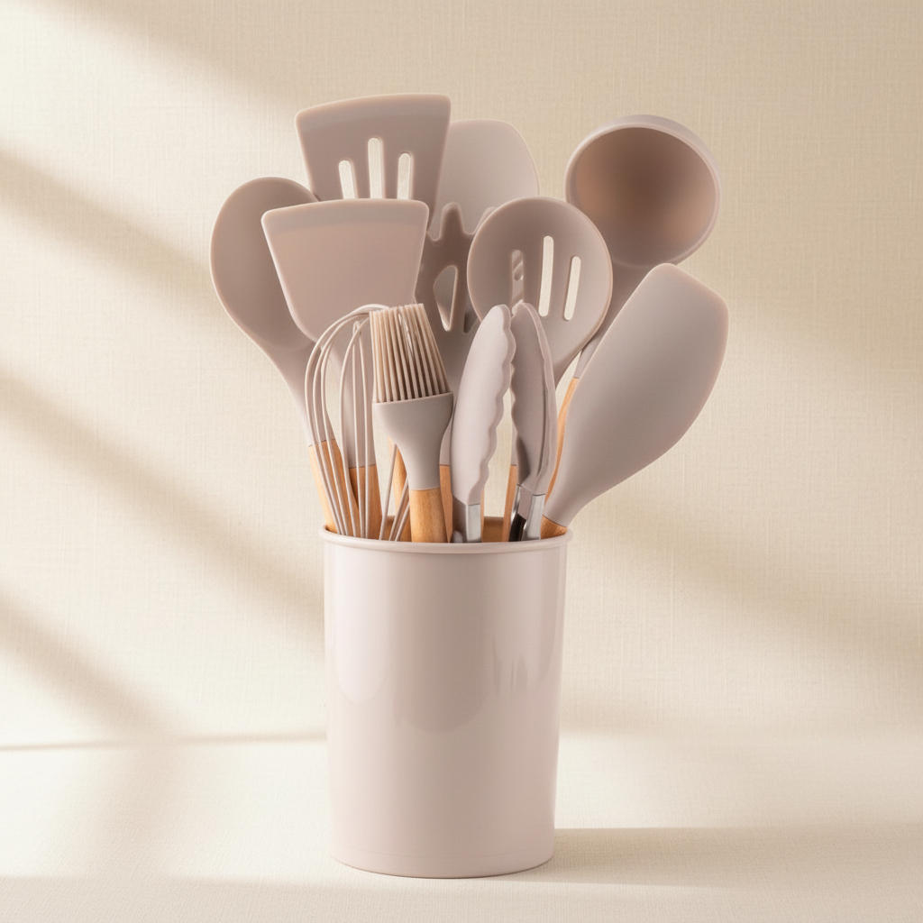 woodnestcraft 12-piece khaki silicone kitchen utensil set with natural wooden handles in a matching storage container