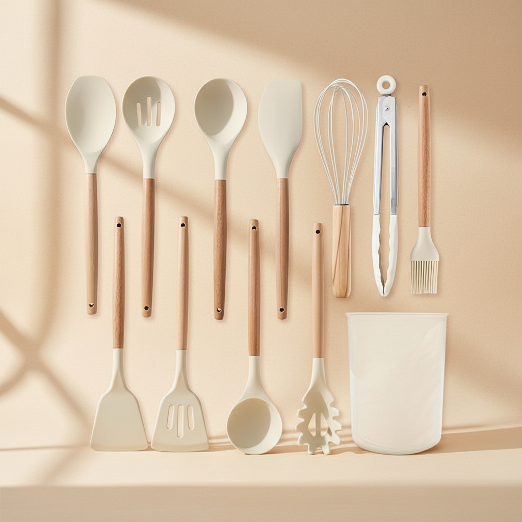 woodnestcraft 12-piece kitchen utensil set in khaki silicone with natural wooden handles and storage container