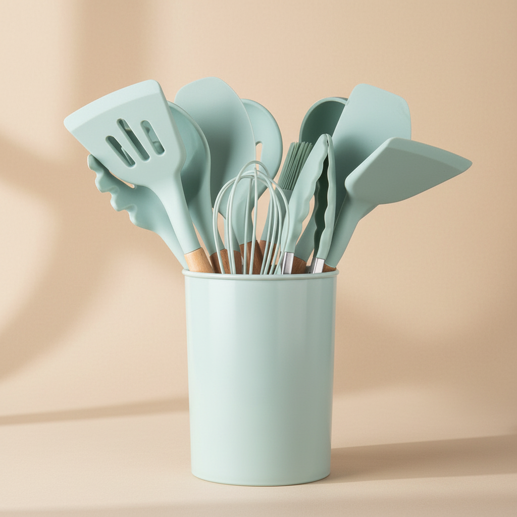 woodnestcraft light green silicone kitchen utensil set with natural wooden handles in a matching storage container