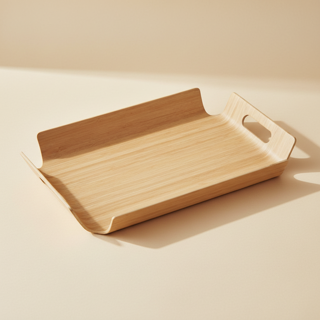 woodnestcraft light oak solid wood serving tray with cut-out handles on a neutral background