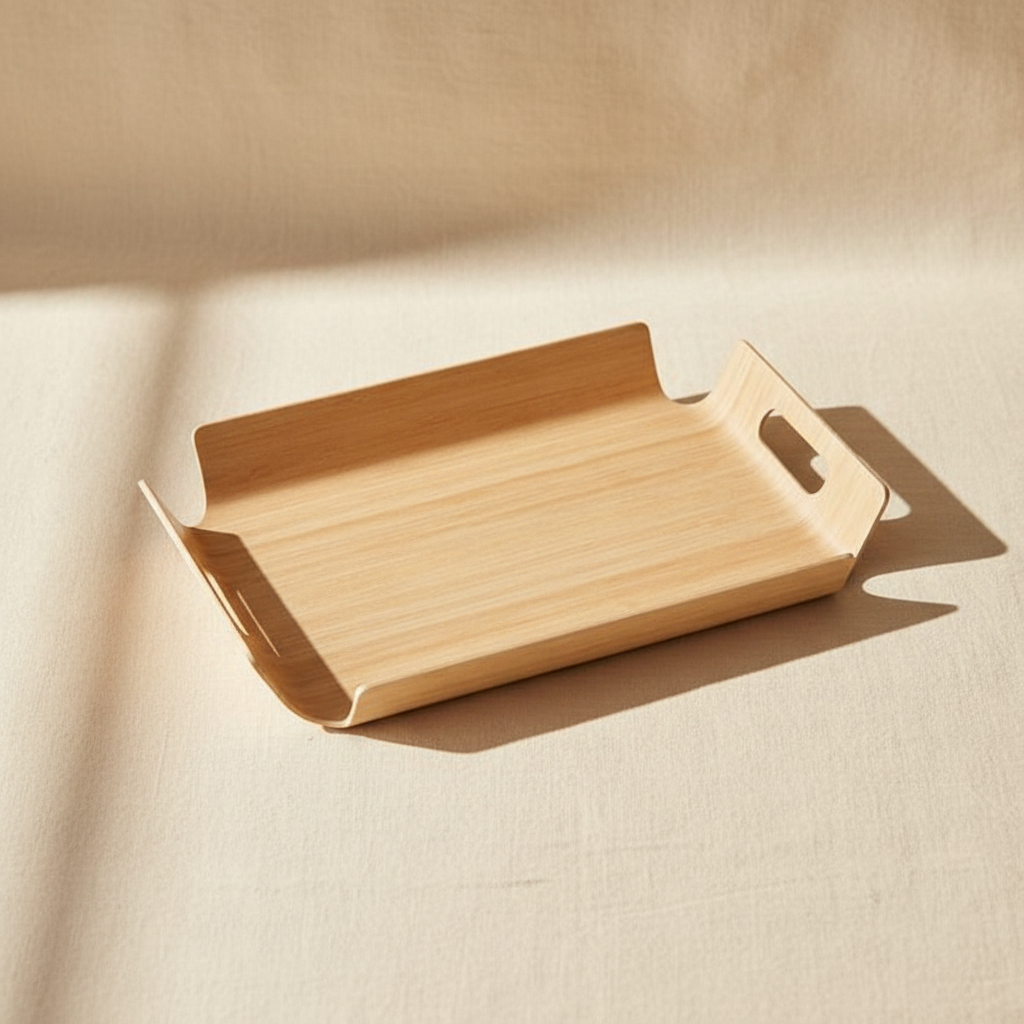 woodnestcraft light oak wooden serving tray with cut-out handles on a neutral fabric background