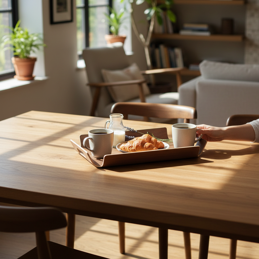 woodnestcraft light oak wooden serving tray with coffee and croissants on a dining table in a sunlit living room