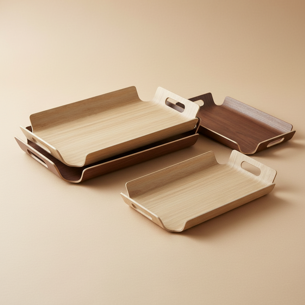 woodnestcraft natural wood serving trays in light oak and dark walnut finishes with convenient cut-out handles
