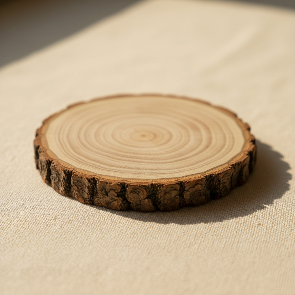woodnestcraft natural wood slice coaster with rustic bark edge on a textured beige fabric surface