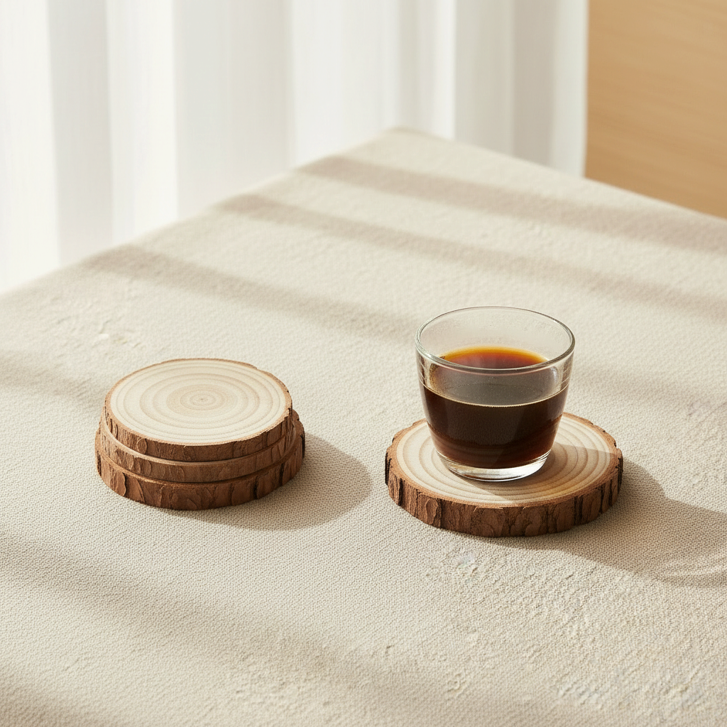 woodnestcraft natural wood slice coasters with bark edges, set of four on a neutral fabric surface with a coffee glass