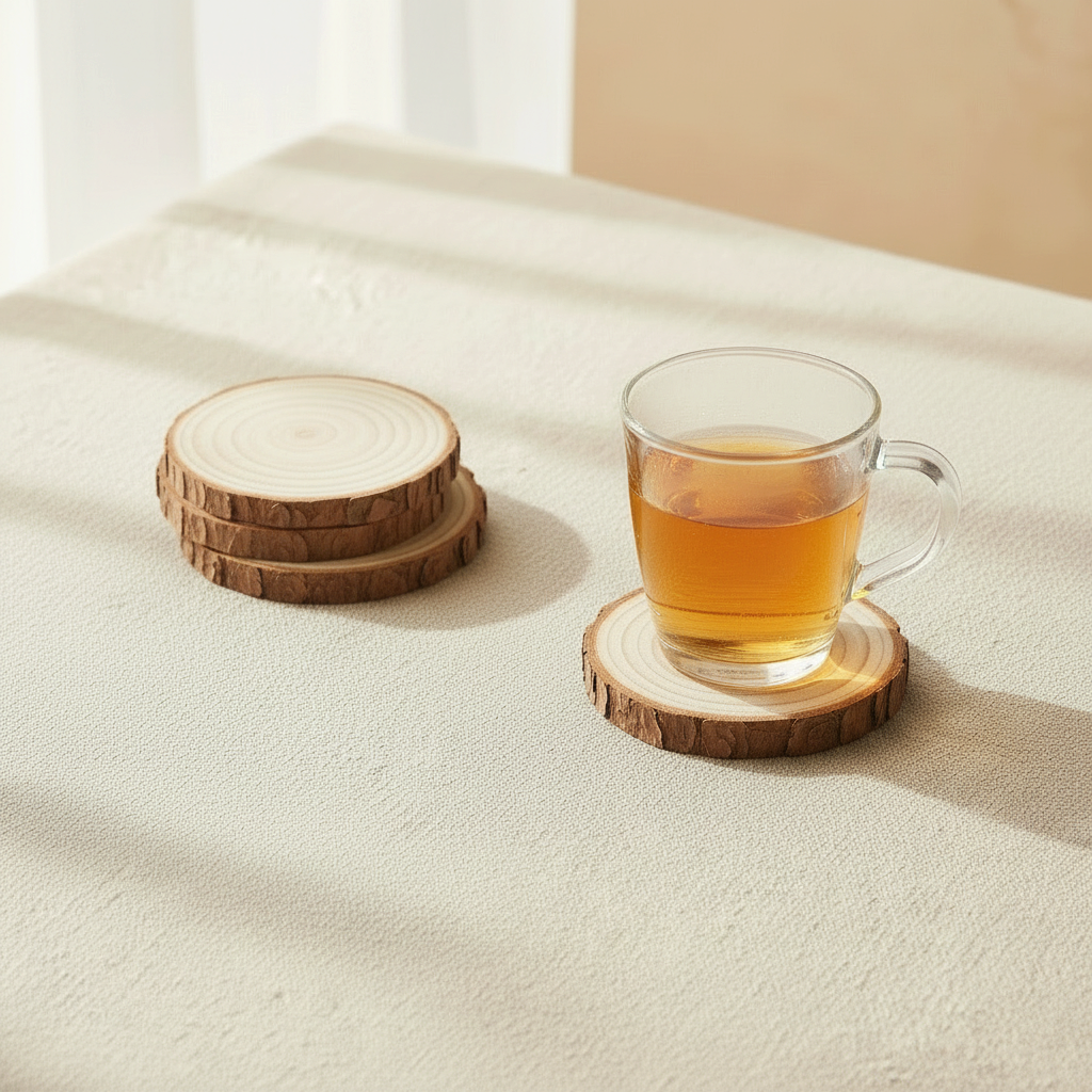 woodnestcraft rustic natural wood slice coasters with bark edges, shown with a glass mug on a textured table