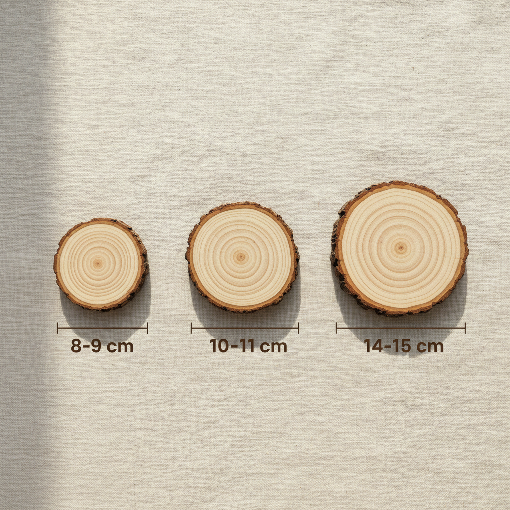 woodnestcraft natural wood slice coasters in three sizes with rustic bark edges displayed on a linen background