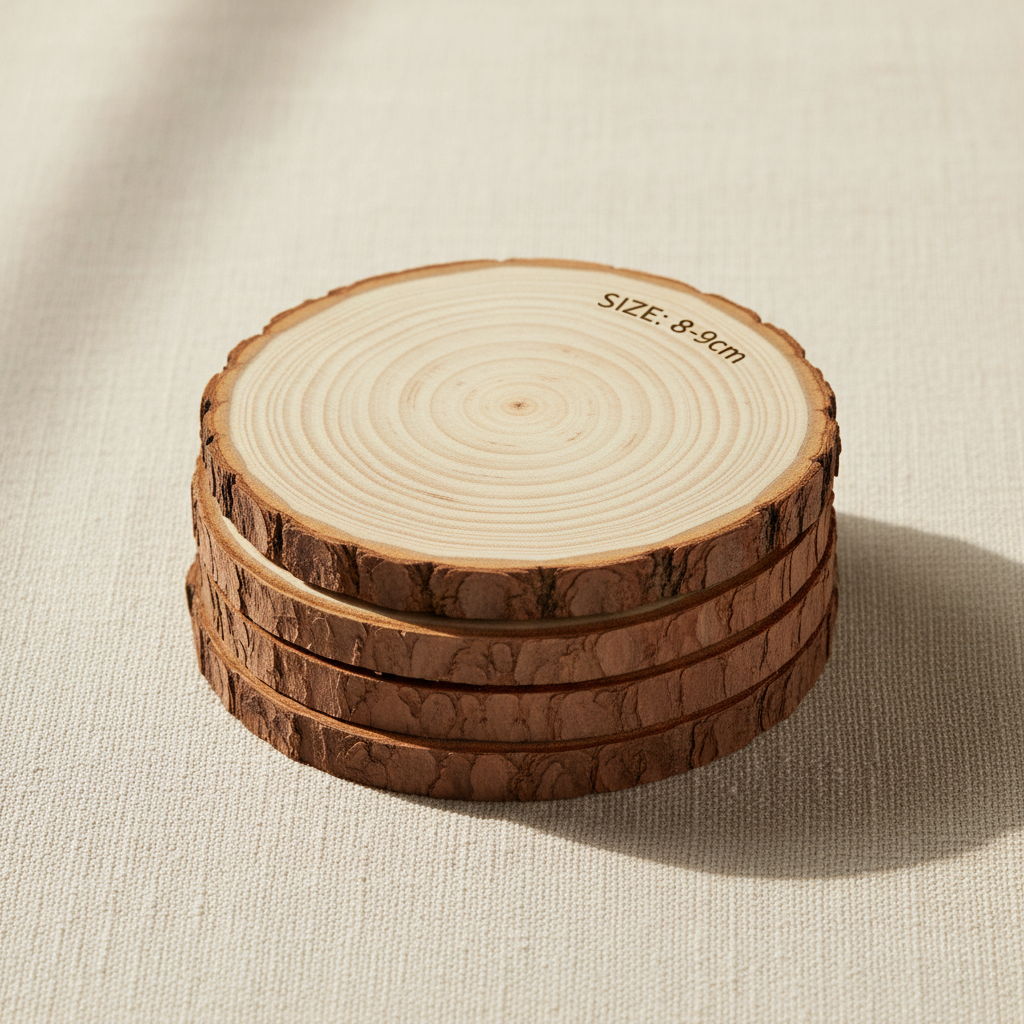 woodnestcraft set of four round natural wood slice coasters with rustic bark edges on a textured beige fabric surface