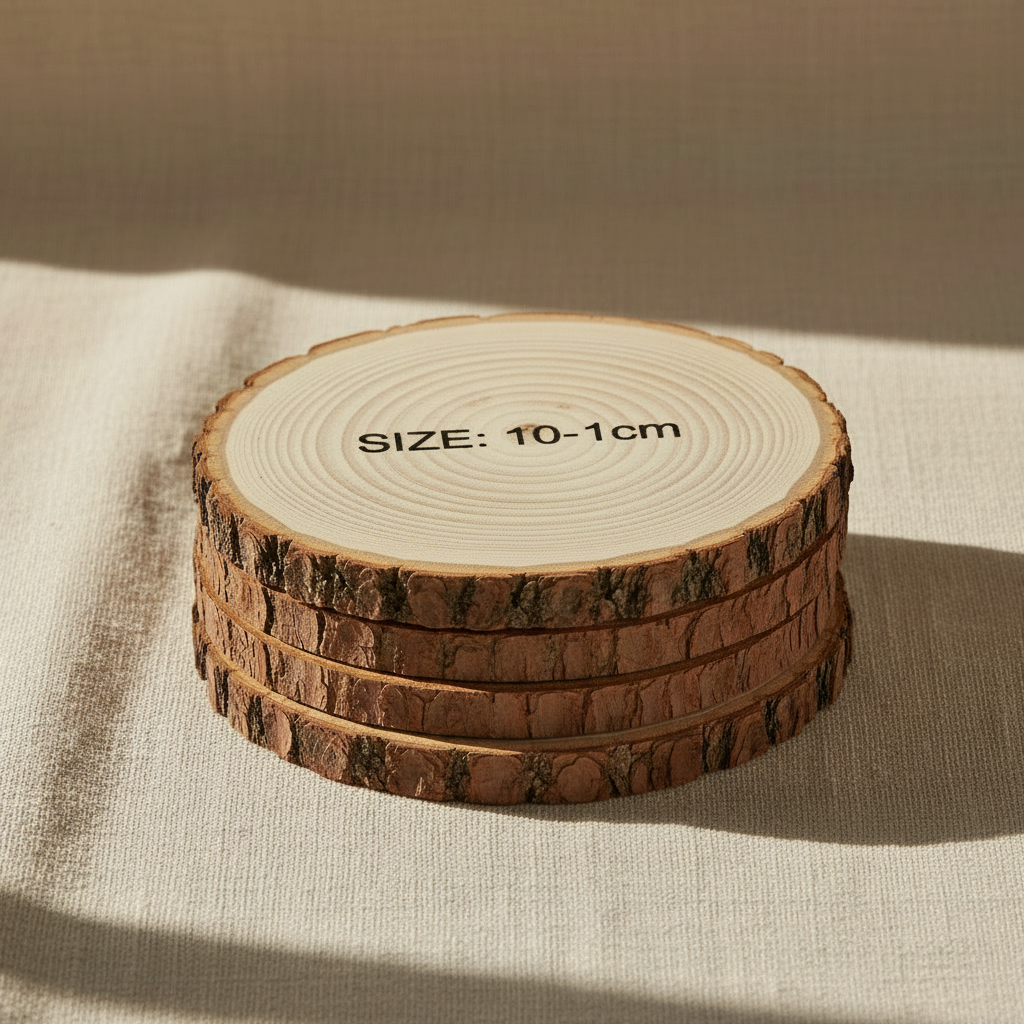 woodnestcraft set of four rustic natural wood slice coasters with bark edges on a neutral fabric background