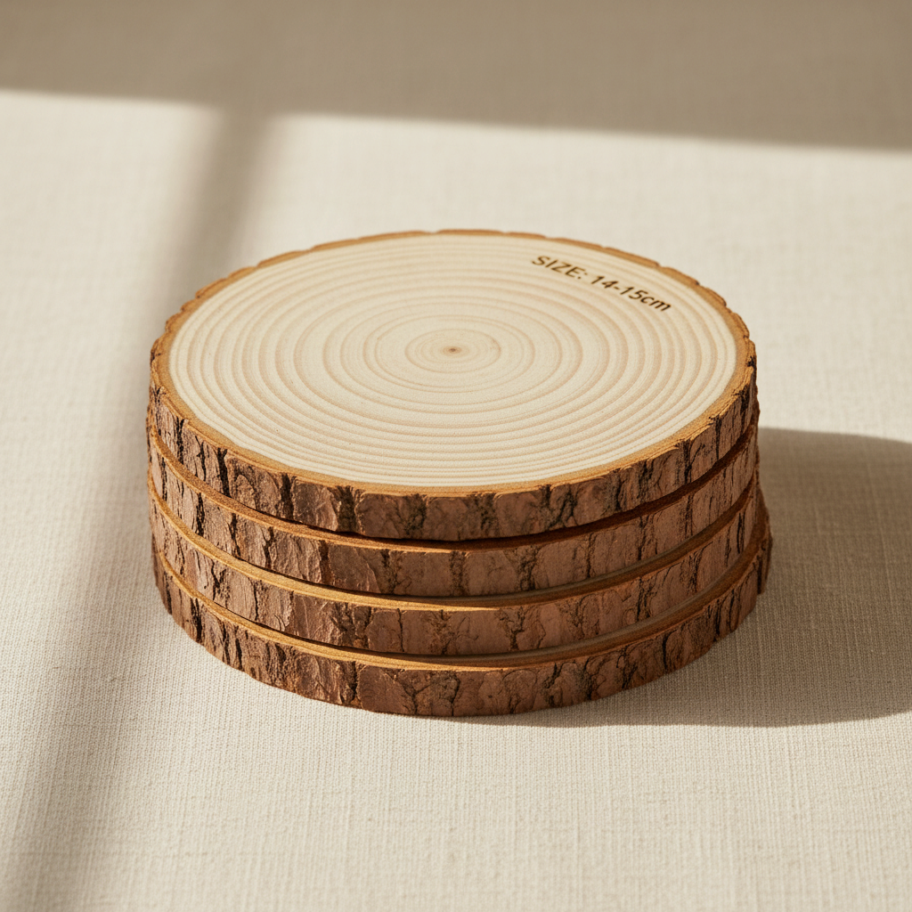 woodnestcraft set of four rustic natural wood slice coasters with bark edges stacked on a light fabric surface