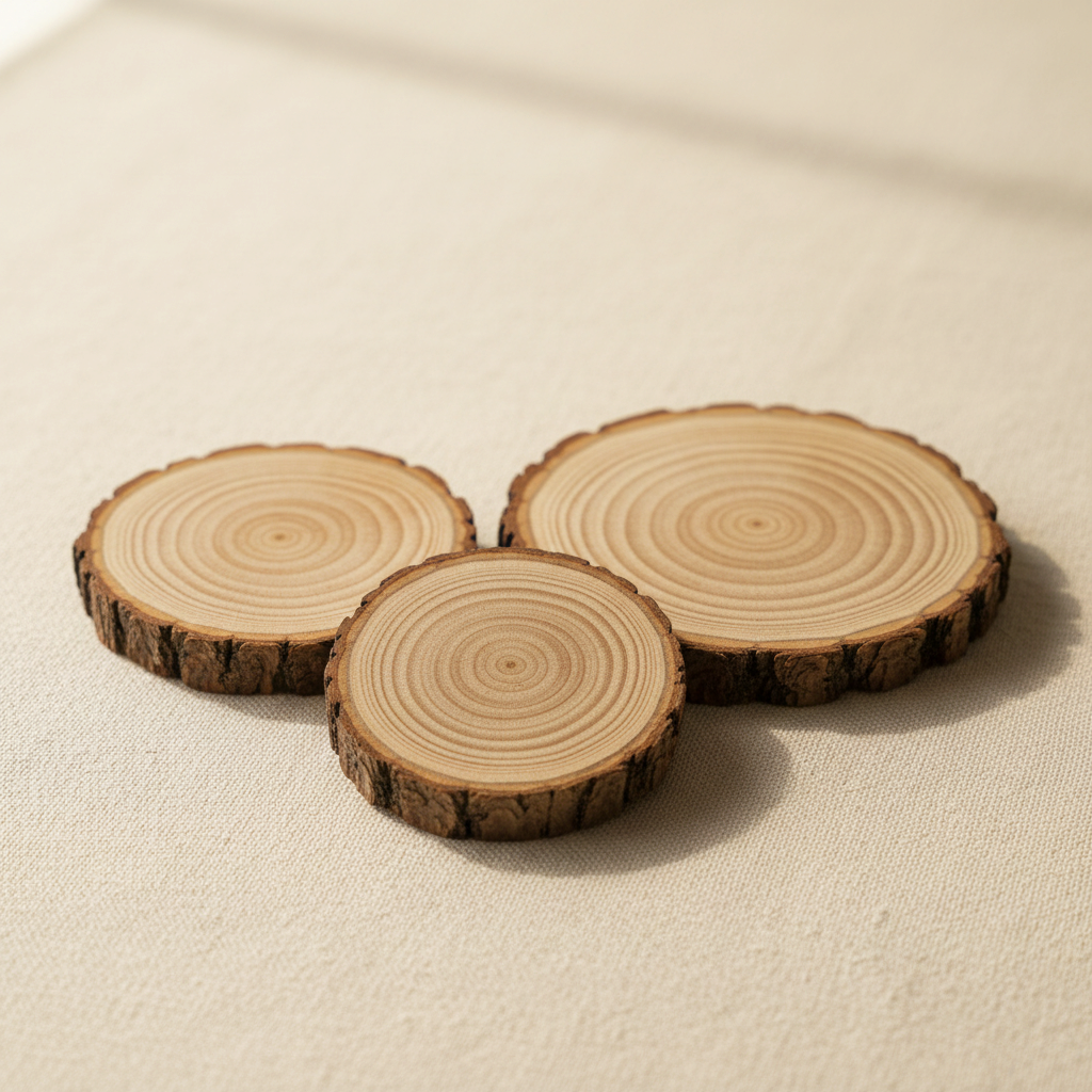 woodnestcraft natural wood slice coasters with rustic bark edges arranged on a textured beige surface