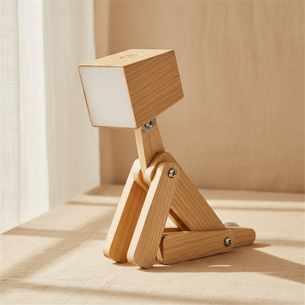woodnestcraft dog-shaped desk lamp made of natural ash wood with adjustable joints and touch-controlled LED light